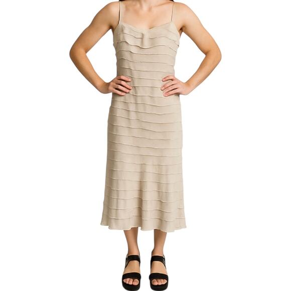 Tadashi Shoji Tiered Ruffle Dress Midi Strap Adjustable 100% Silk Pink 4 - Picture 1 of 8